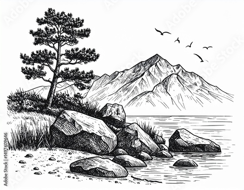 Sea sketch with rocks, pine tree and mountains. Hand drawn illustration converted to vector
