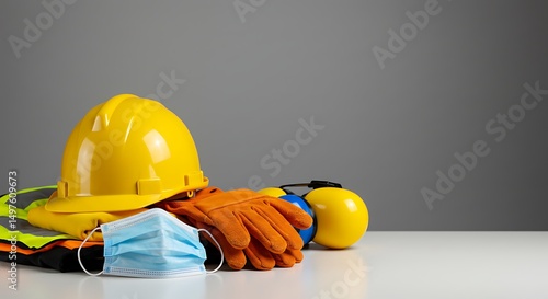 Construction safety gear with a yellow hardhat, orange gloves, and a blue surgical mask