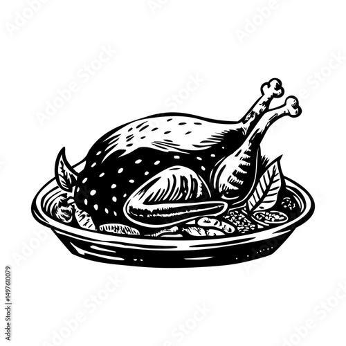 A vintage illustration of roasted turkey dinner