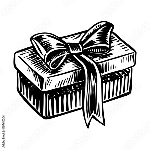 A vintage illustration showing wrapped christmas gift