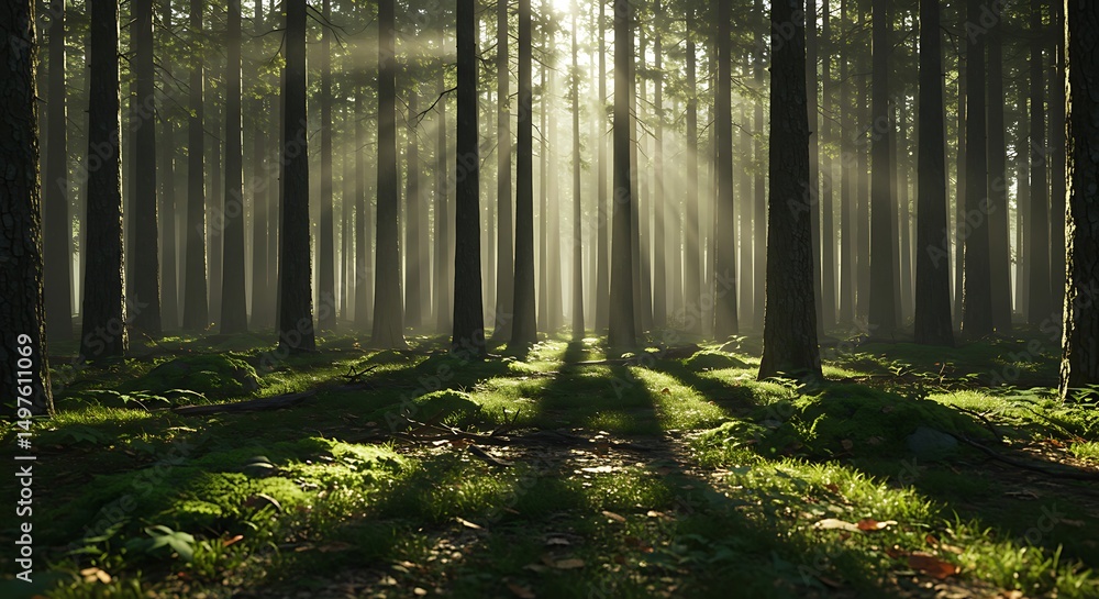 Fototapeta premium Forest of tall trees bathed in bright sunbeams filtering through the green leaves