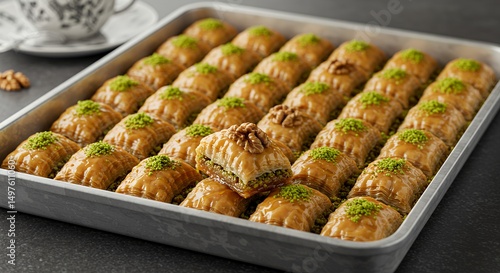 Tray of baklava with pistachios and walnuts