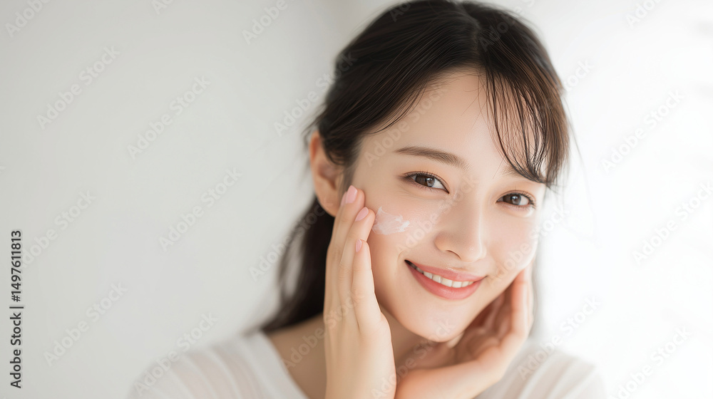 肌にスキンケアクリームを塗る日本人女性の笑顔クローズアップ、自然光で際立つ素肌と透明感(美容・コスメ・スキンケア・広告) 肌にスキンケアクリームを塗る日本人女性の笑顔クローズアップ、自然光で際立つ素肌と透明感(美容・コスメ・スキンケア・広告)