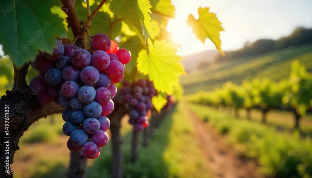 Obraz premium Sun-drenched grapes hang heavy on the vine, ready for harvest and the transformation into delicious homemade grapevine wine A picturesque scene of rural winemaking , bottle, grapevine