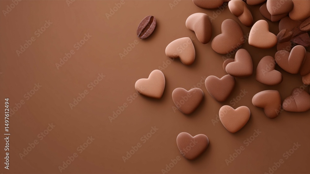Sweet chocolate hearts scattered on a rich cocoa backdrop create an inviting dessert setting for celebrations Sweet chocolate hearts scattered on a rich cocoa backdrop create an inviting dessert setting for celebrations