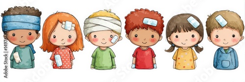 Adorable cartoon kids with bandages, showing minor injuries.