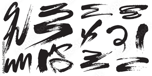 A vector bold black brushstroke forms an abstract shape on a white background, suggesting a dynamic and expressive mark.