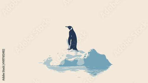 The image is a digitally created illustration or painting depicting a single penguin standing on a small iceberg. The iceberg is rendered with subtle shading and textural cues, suggesting a smooth.