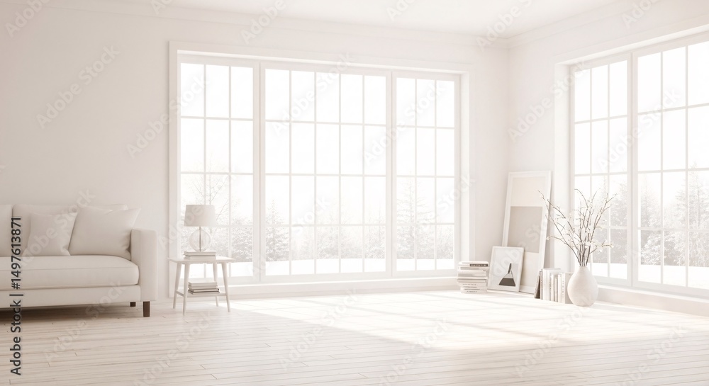 Fototapeta premium A bright and airy minimalist living room showcasing a clean, white aesthetic.