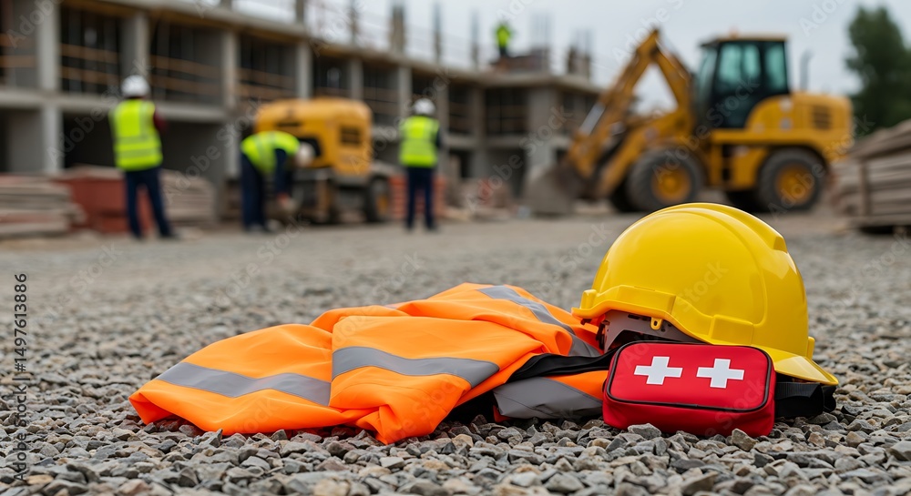 Fototapeta premium Construction Site Safety Gear: Helmet, Vest, and First Aid Kit on Gravel