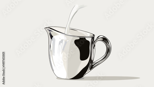 The image presents a stylized illustration of a milk creamer. The creamer is depicted as a silver or metallic, possibly ceramic, vessel with a gently curved body and a handle. It is partially.