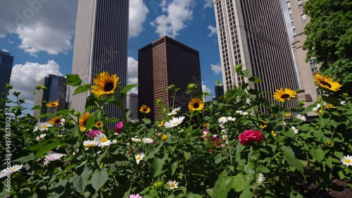 Vibrant sunflowers blooming alongside diverse flowers within Chicago urban garden, skyscrapers rising behind lush greenery