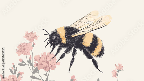 Close-up illustration of a bumble bee delicately perched on a cluster of soft pink flowers. The image features a detailed rendering of the bee's fuzzy body, translucent wings, and intricate leg.