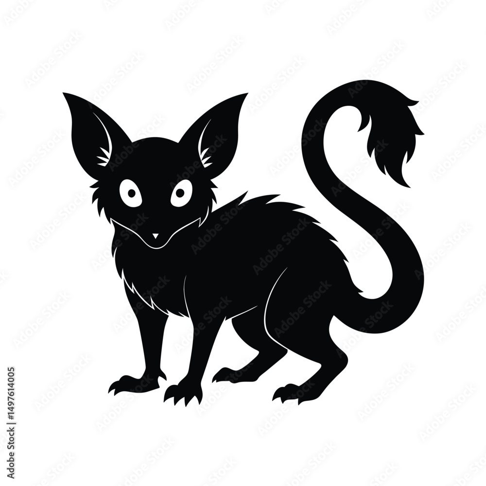 Obraz premium Black cartoon feline creature with large ears and curled tail illustration isolated on white background