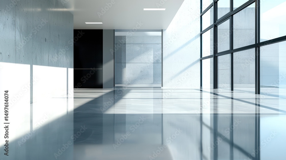 Fototapeta premium A modern, minimalist office space with large glass windows, concrete walls, and a polished concrete floor.
