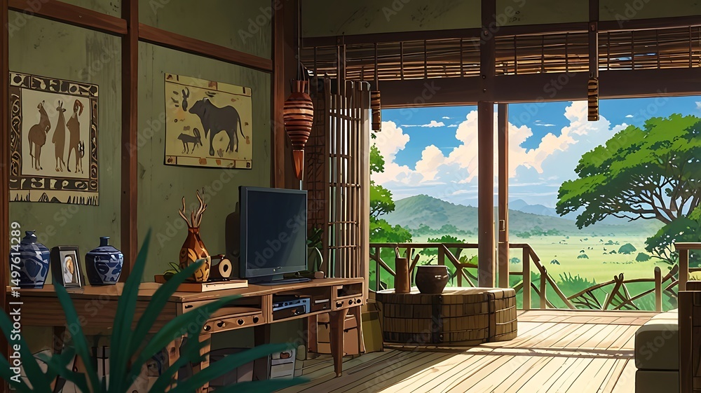 Fototapeta premium Anime-style African safari lodge with tribal prints and natural textures