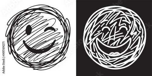 Two vector distinct cartoon faces: one is a simple white outline of a smiling face, the other is a black silhouette of a winking, broadly grinning face.