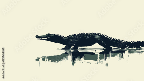 The image presents a stylized silhouette of a crocodile, rendered in shades of dark blue and black against a light beige background. The crocodile appears to be in shallow water, with a subtly.