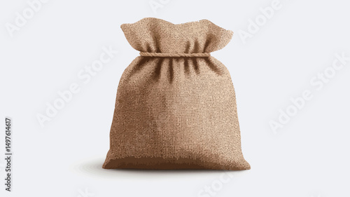 A digitally rendered image depicting a full frontal view of a burlap sack. The sack is light beige-brown, exhibiting a coarse woven texture with visible threads. The top of the sack is gathered.