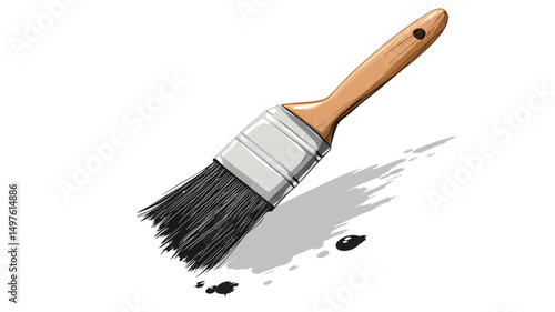 A digital illustration of a paintbrush with a wooden handle and black bristles. The brush is depicted at a dynamic angle, suggesting movement. Black paint is visible on the bristles and a dynamic,.