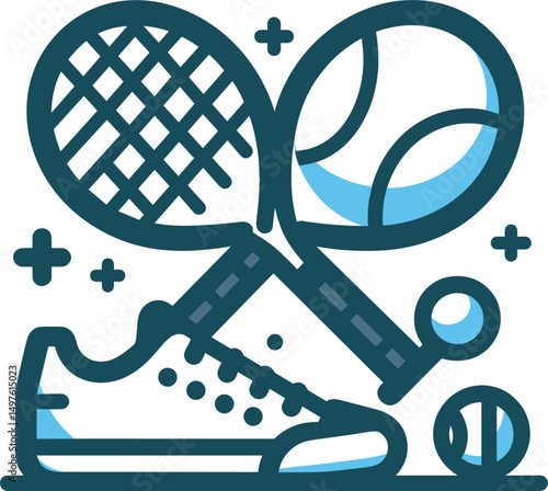 Vector illustration depicting tennis equipment tennis ball racket and shoe sporting activity design concept in simplified modern style