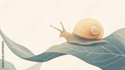 A digital illustration depicting a snail crawling on a large leaf. The style is soft and painterly, with a pastel color palette of pale greens, yellows, and whites. The snail's shell is a light,