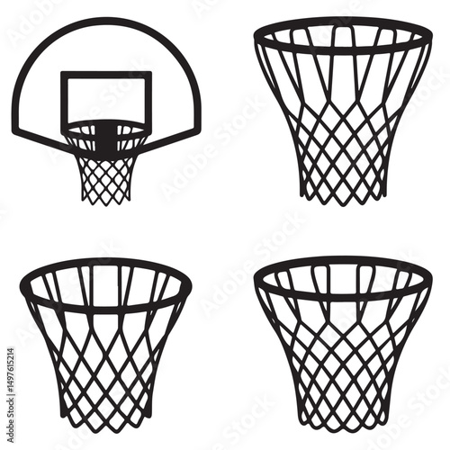 Basketball hoop, basketball and goal,  net, ring icon silhouettes set