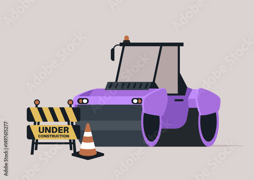 Bright purple asphalt paver engages in construction activities while a caution sign stands tall, alerting nearby pedestrians of the ongoing work in this bustling urban environment