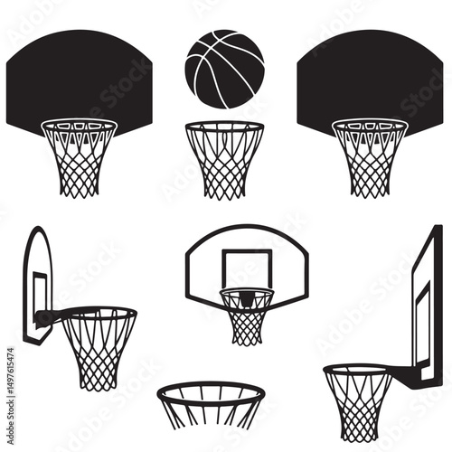 Basketball hoop, basketball and goal,  net, ring icon silhouettes set