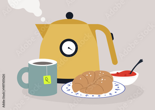 A cheerful setting awaits with a yellow kettle steaming beside a fragrant cup of tea, Croissants sit on a plate, complemented by a small bowl of vibrant strawberry jam, perfect for indulgence