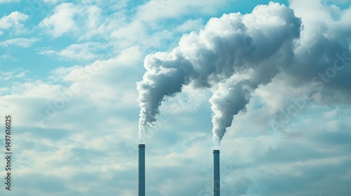 Two smokestacks emitting smoke against a cloudy sky