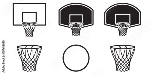 Basketball hoop, basketball and goal,  net, ring icon silhouettes set