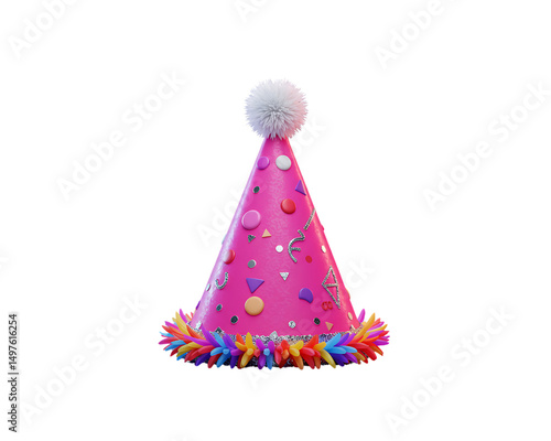 Vibrant pink party hat with decorative elements against a white backdrop
