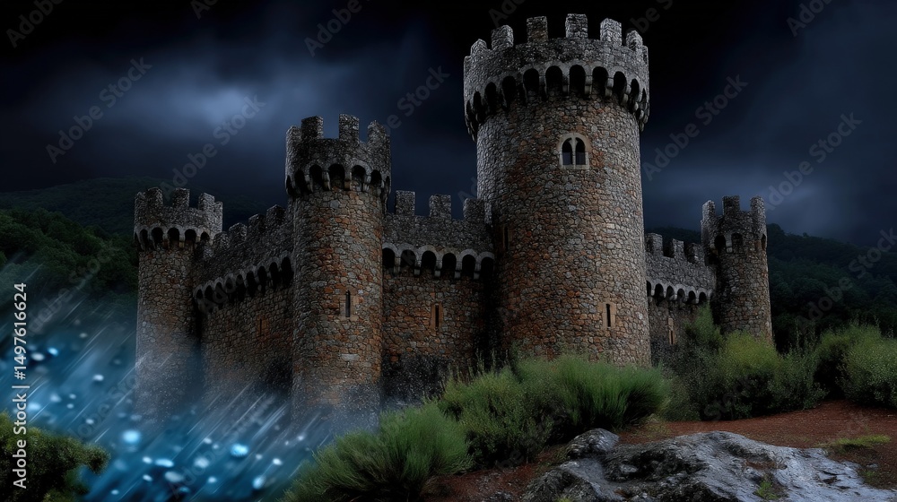 Fortress behind credit card as financial shield, ruins, landscape, palace Fortress behind credit card as financial shield, ruins, landscape, palace