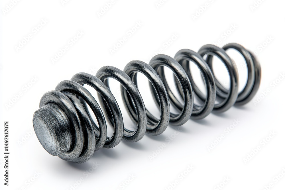Silver metal coil spring with circular end on white, close-up shot. Use this image for engineering, industrial, or mechanical design ideas. Silver metal coil spring with circular end on white, close-up shot. Use this image for engineering, industrial, or mechanical design ideas.