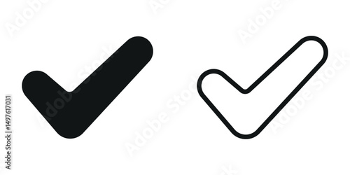 Flat check mark symbol vector design. Black solid and black outline version. Rounded corner.