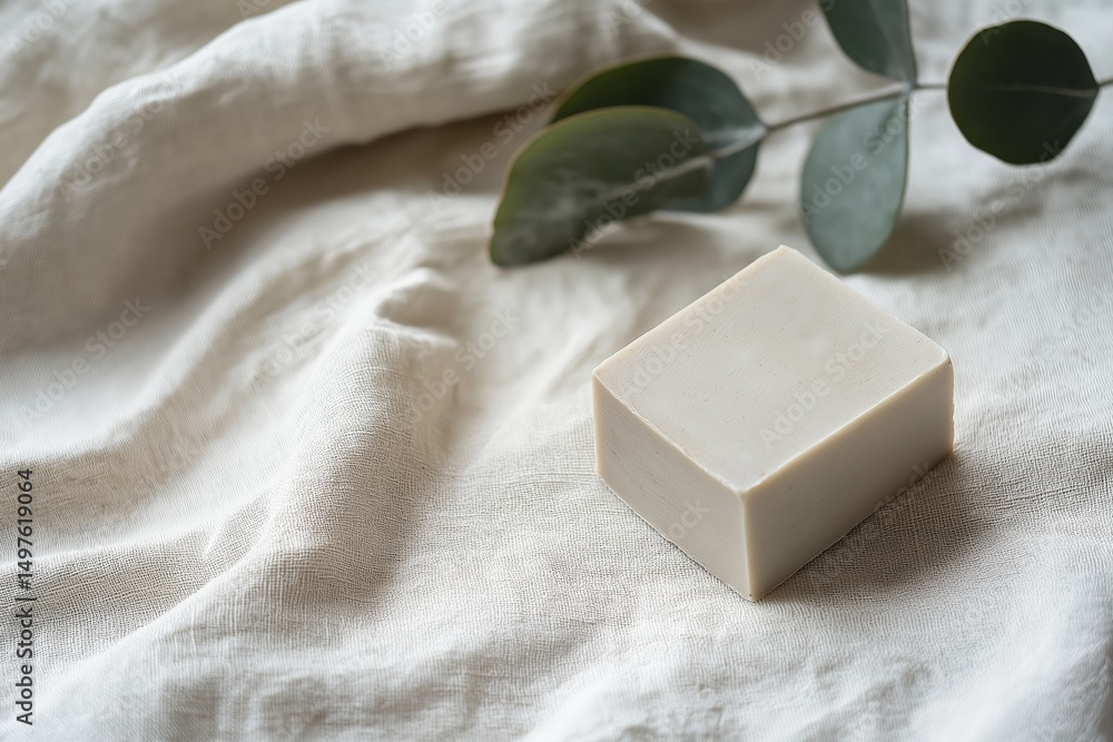 Handmade natural soap bar on linen cloth, green plant leaf nearby Handmade natural soap bar on linen cloth, green plant leaf nearby