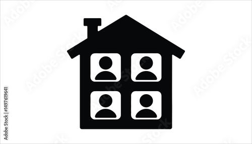 Family House Icon. People Inside Home Silhouette Vector.