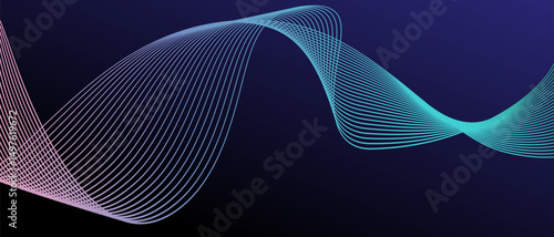 Abstract horizontal background with blue gradient wave lines. Minimalistic back creating dynamic visual effect. Trendy volumetric 3d stripes design on dark background. Features vector backdrop.