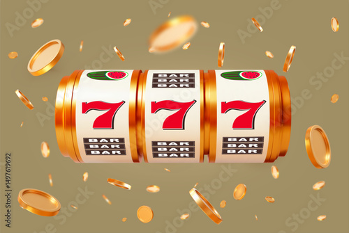 3D slot machine with fruit. Online casino.Big win concept banner casino. Gambling concept design. 3d vector illustration on isolated background.