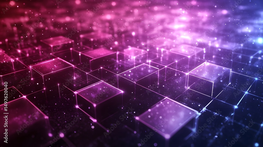 Graphic design featuring a repeating pattern of cubes, interconnected by glowing lines and points. Graphic design featuring a repeating pattern of cubes, interconnected by glowing lines and points.