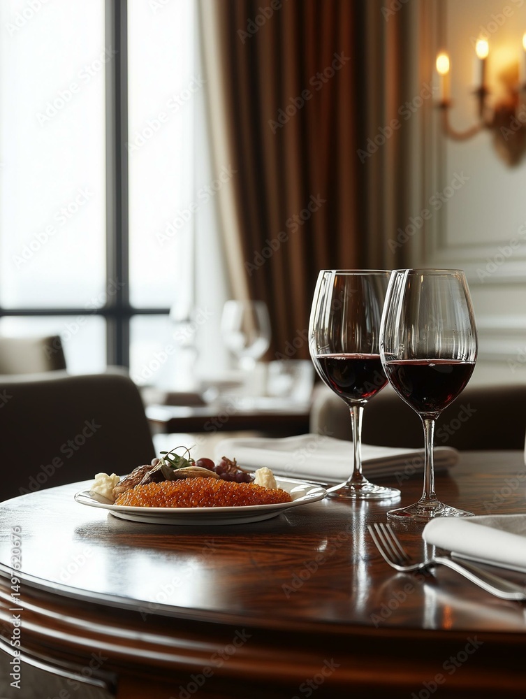 Naklejka premium Dining table in a restaurant with two wine glasses on it. the table is round and has a wooden top. on the table, there is a plate of food with a fork and knife on it, and a glass of red wine.
