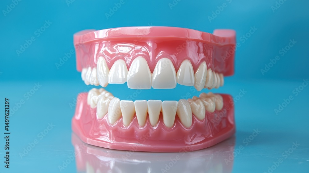 Obraz premium A pink and white plastic model of a human jaw with teeth, placed on a blue background.