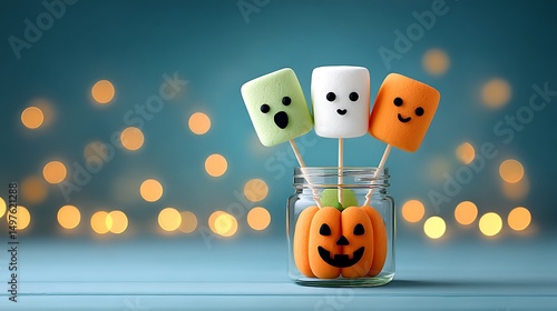Halloween marshmallow pops shaped like ghosts and pumpkins, styled in colorful jar with soft party lights 