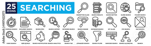 searching icon collection set. Containing design Magnifying Glass, Search Results, Search Button, Globe Search, Folder Search, Search Engine, Database Search, Spy glass, Eye Search, Map Search, Compas