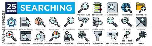 searching icon collection set. Containing design Magnifying Glass, Search Results, Search Button, Globe Search, Folder Search, Search Engine, Database Search, Spy glass, Eye Search, Map Search, Compas