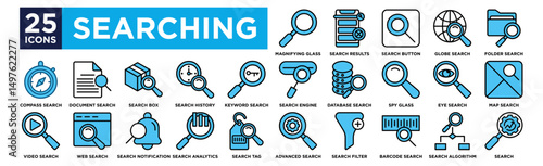 searching icon collection set. Containing design Magnifying Glass, Search Results, Search Button, Globe Search, Folder Search, Search Engine, Database Search, Spy glass, Eye Search, Map Search, Compas