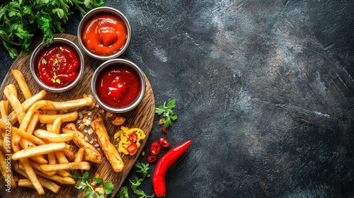 A wooden cutting board with a pile of fries and three small bowls of ketchup, mustard, and relish on a dark, textured surface.