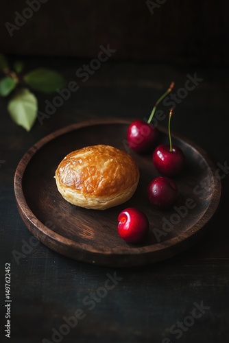 Wallpaper Mural Baked pastry with cherries on wooden plate, rustic presentation, natural food styling Torontodigital.ca