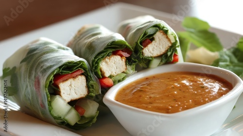 Three fresh spring rolls with peanut sauce.